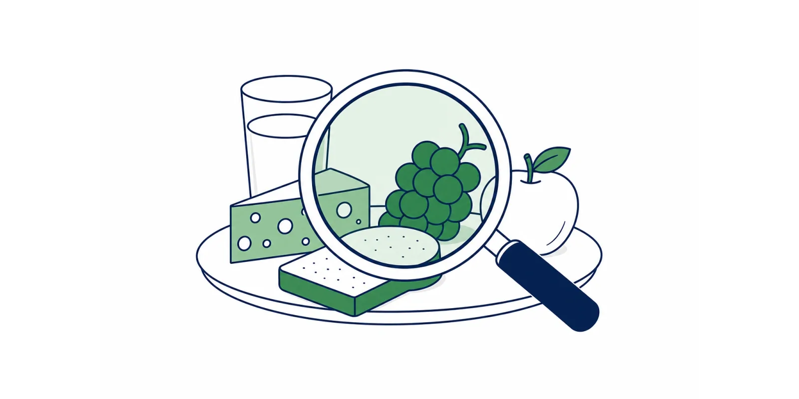 Ilustração de vários alimentos sob uma lupa, representando a investigação da intolerância alimentar