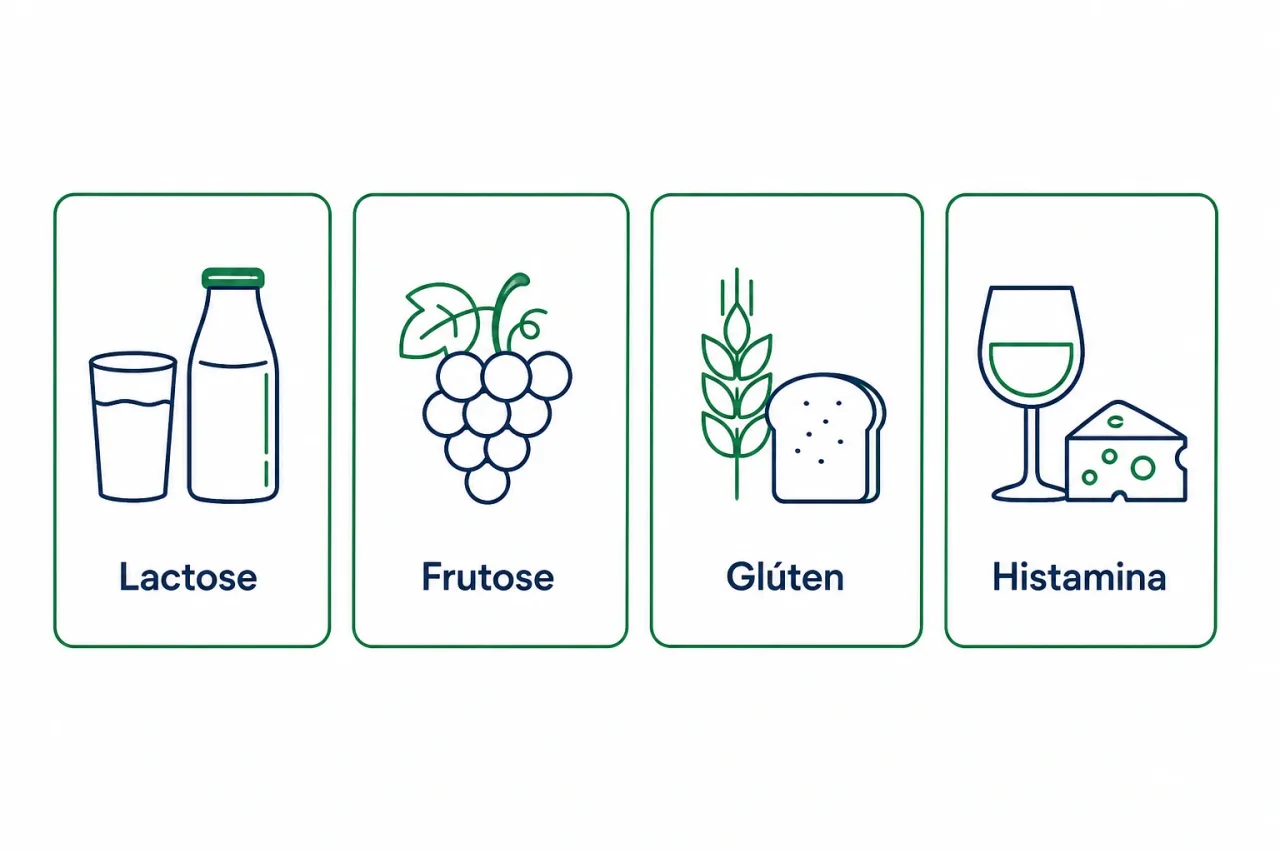 Infográfico com os quatro tipos mais comuns de intolerância alimentar: lactose, frutose, glúten e histamina, cada um com o alimento que o representa