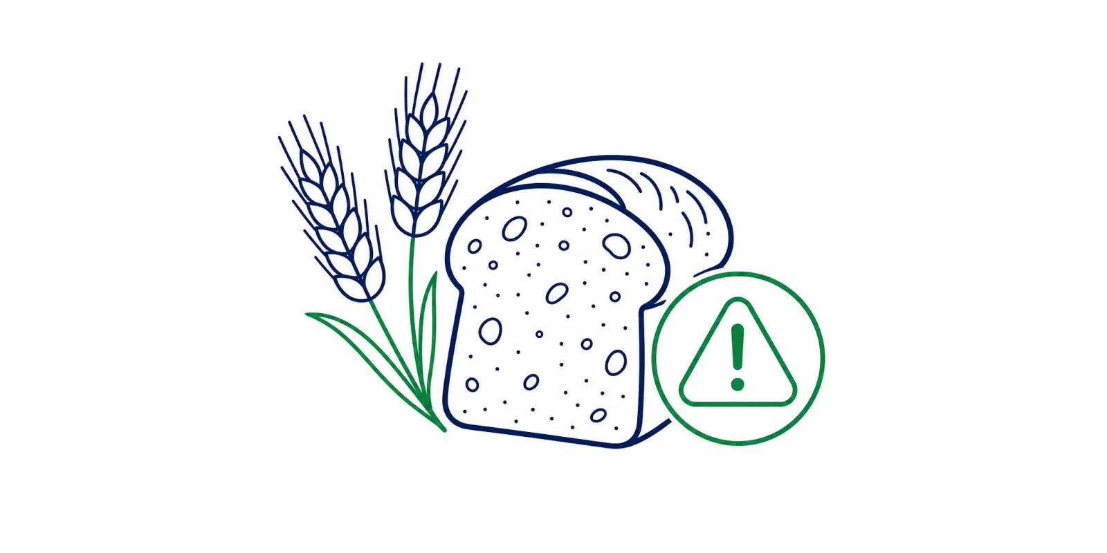 Ilustração de pão e espigas de trigo com um sinal de atenção, representando a intolerância ao glúten