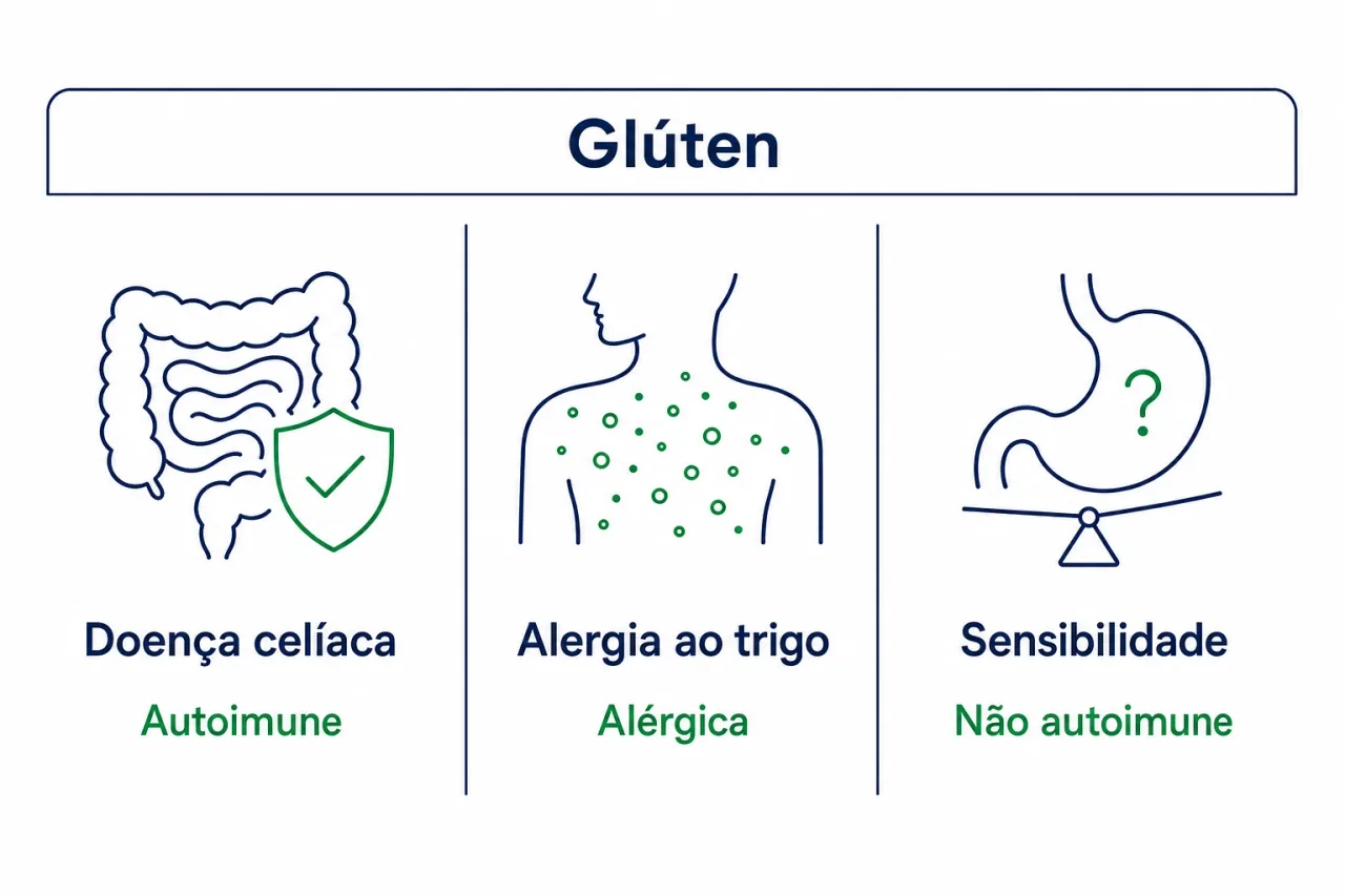 Infográfico comparando doença celíaca, alergia ao trigo e sensibilidade ao glúten não celíaca, mostrando mecanismo e exame de cada uma