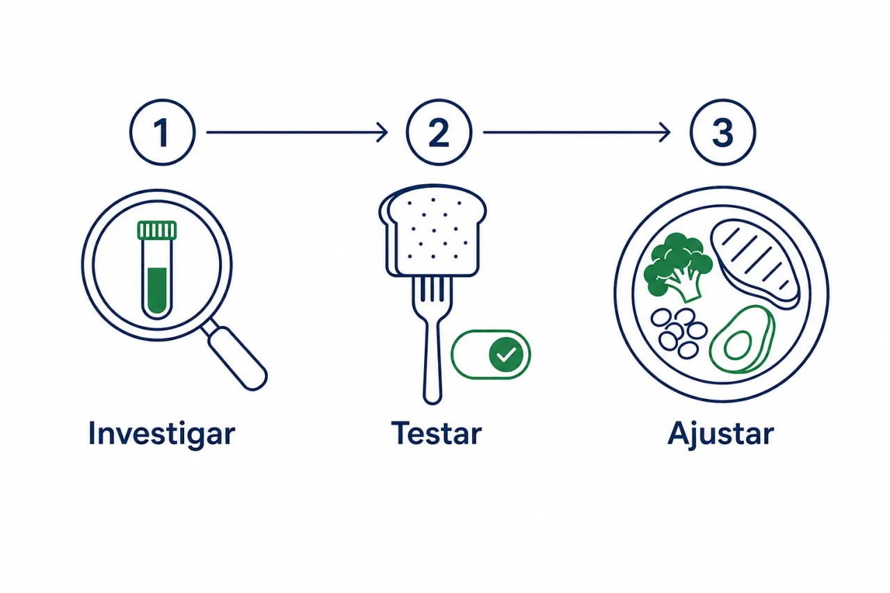 Infográfico com o passo a passo do cuidado com o glúten: investigar antes de cortar, testar a resposta e ajustar a dieta com acompanhamento