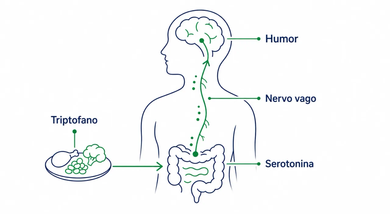 Infográfico do eixo intestino-cérebro mostrando o caminho do triptofano até a serotonina e a conexão pelo nervo vago