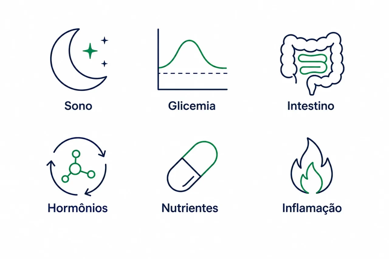 Infográfico com as principais frentes para investigar a irritabilidade: sono, glicemia, intestino, hormônios, nutrientes e inflamação