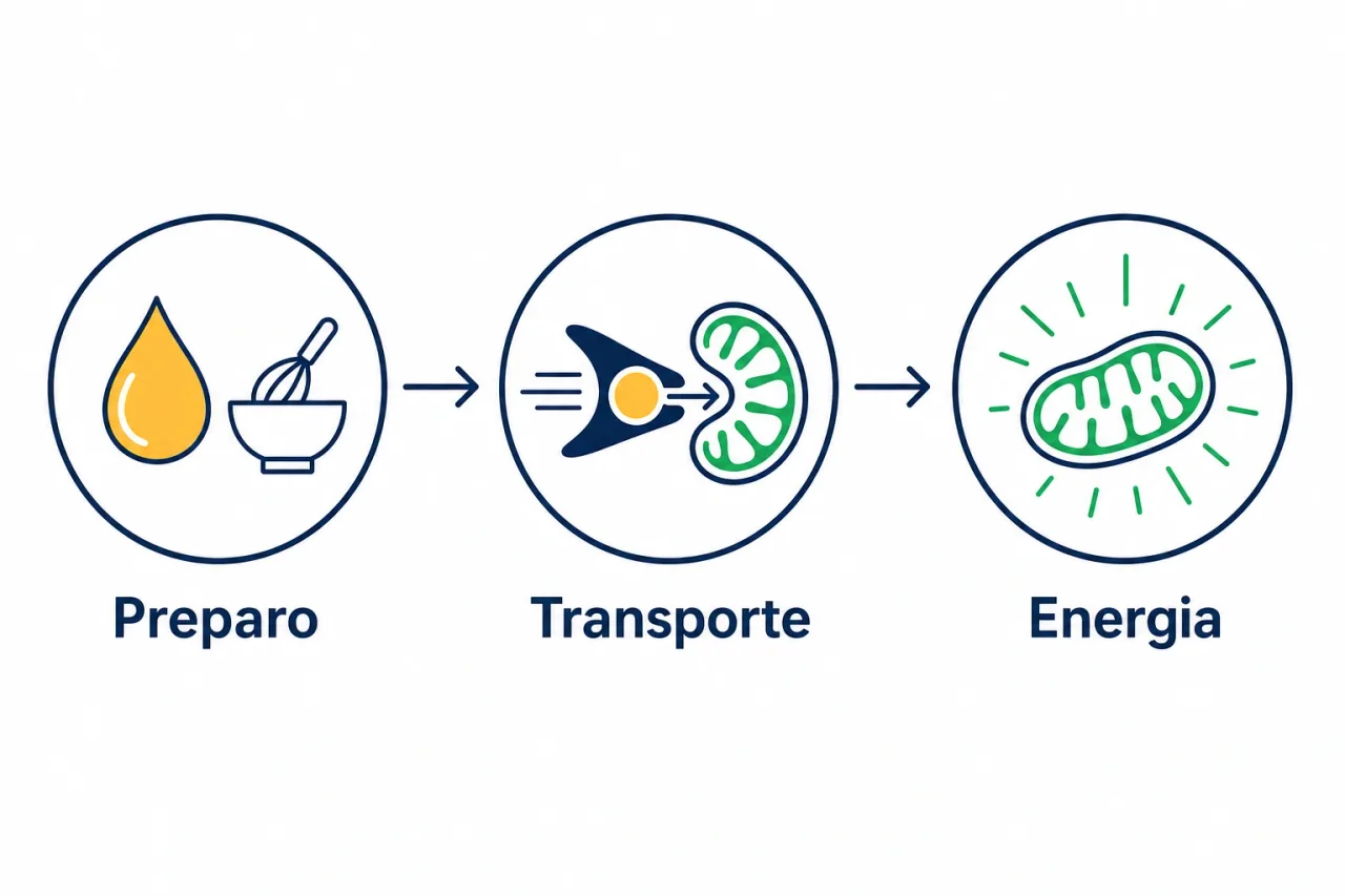 Infográfico mostrando em três etapas como a L-carnitina leva a gordura para dentro da mitocôndria e a transforma em energia