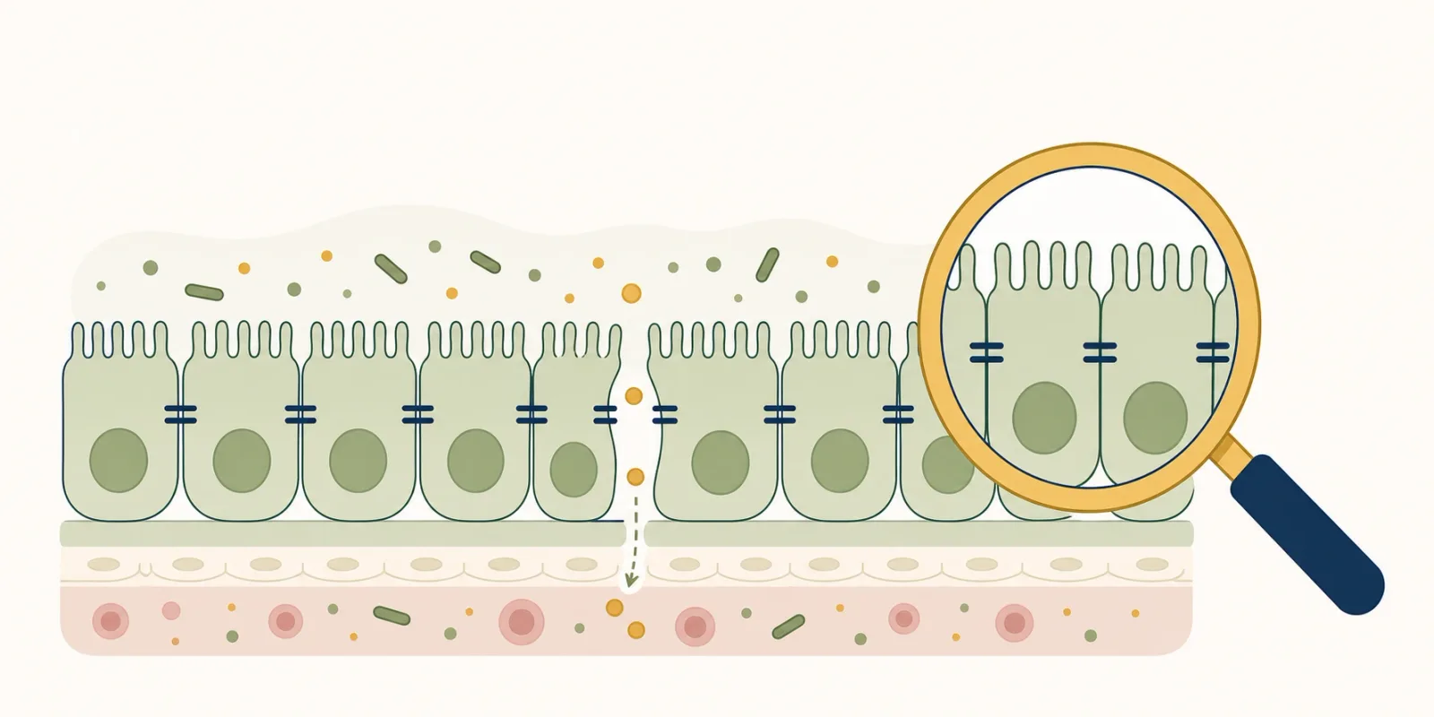 Ilustração da barreira intestinal com as junções entre as células e uma pequena passagem se abrindo, com uma lupa de avaliação ao lado