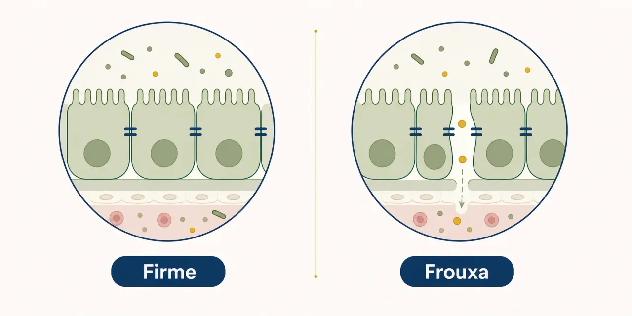Infográfico mostrando uma junção apertada e firme entre as células do intestino ao lado de uma junção afrouxada com uma pequena fresta deixando passar partículas