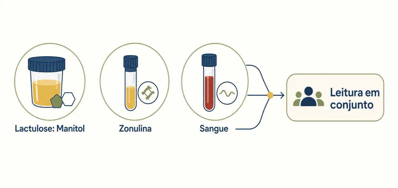 Infográfico com os exames que avaliam a permeabilidade intestinal: lactulose e manitol, zonulina e marcadores de sangue, todos convergindo para uma leitura em conjunto