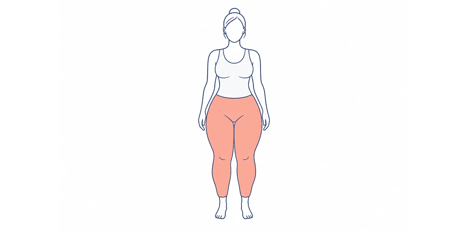 Ilustração de silhueta feminina com pernas mais volumosas que o tronco, área afetada em tom suave