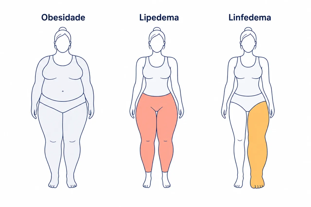 Comparação ilustrada entre a distribuição da gordura na obesidade, no lipedema e no linfedema