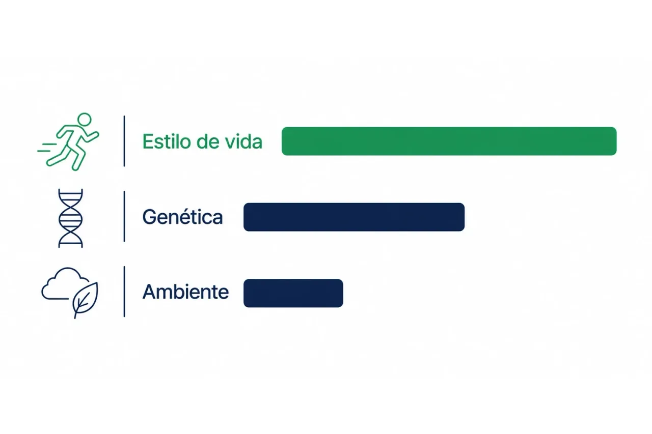 Infográfico mostrando os fatores que influenciam a longevidade, com estilo de vida como o de maior peso, seguido por genética e ambiente