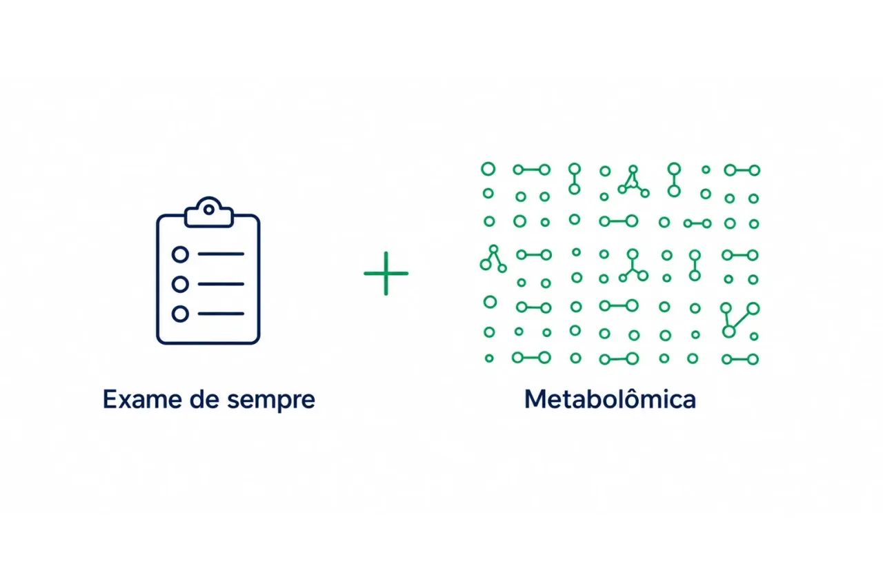 Ilustração comparando o exame de sangue tradicional, que mostra poucos marcadores, com a metabolômica, que avalia centenas de metabólitos como um retrato amplo do metabolismo