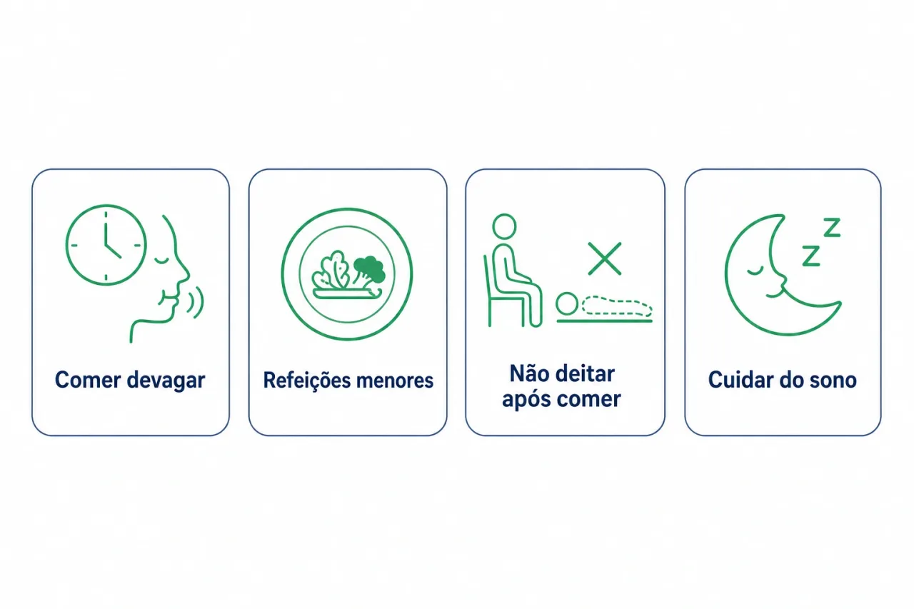 Infografico com habitos que ajudam a aliviar a ma digestao, como comer devagar, refeicoes menores e nao deitar apos comer
