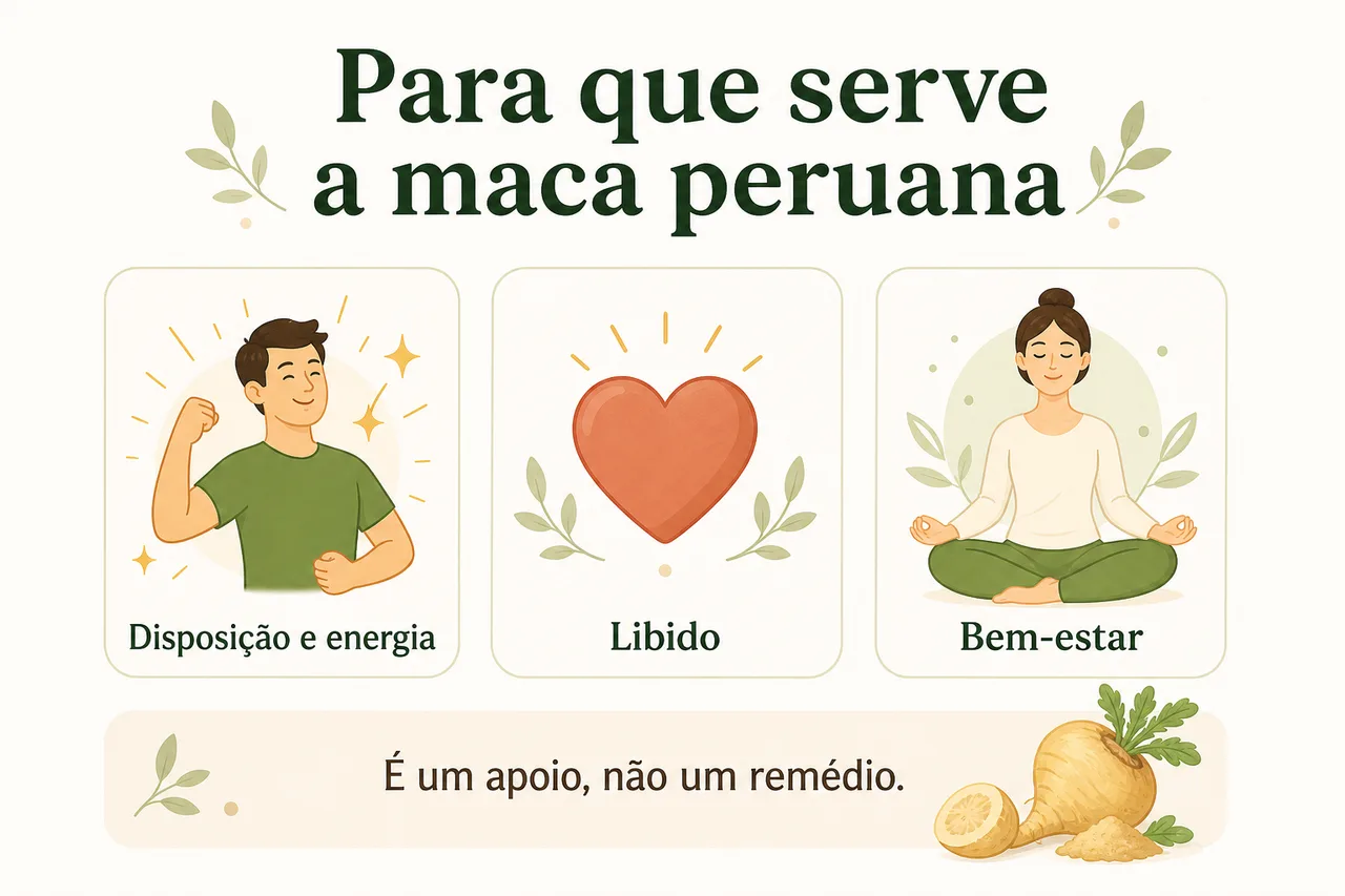 Infográfico leve mostrando para que serve a maca peruana: disposição, libido e bem-estar, com a ressalva de que é um apoio e não um remédio