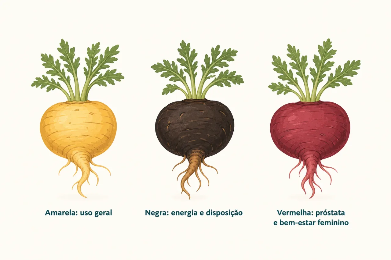 Infográfico mostrando os três tipos de maca peruana, amarela, negra e vermelha, e como cada cor costuma ser usada