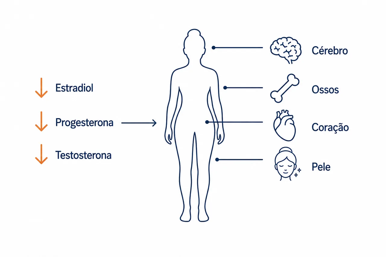 Infográfico mostrando a queda de estradiol, progesterona e testosterona na menopausa e os sistemas do corpo que isso afeta