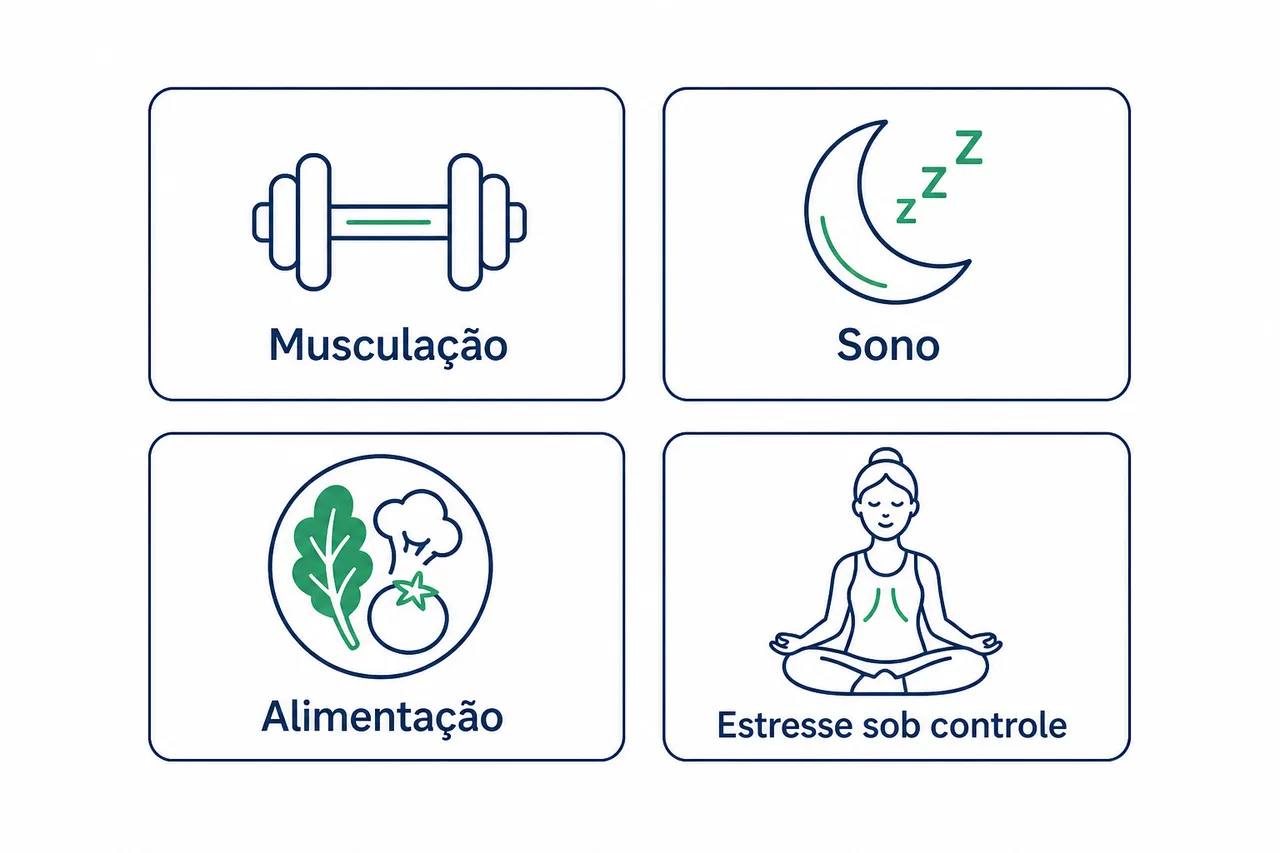 Infográfico com quatro pilares do estilo de vida na menopausa: musculação, sono, alimentação e manejo do estresse