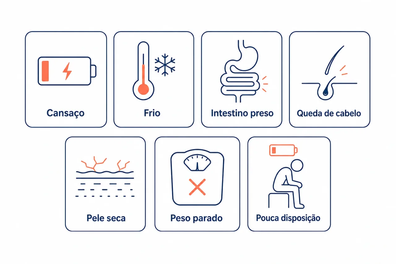 Infográfico com sete sinais comuns de metabolismo lento, como cansaço, frio, intestino preso e queda de cabelo