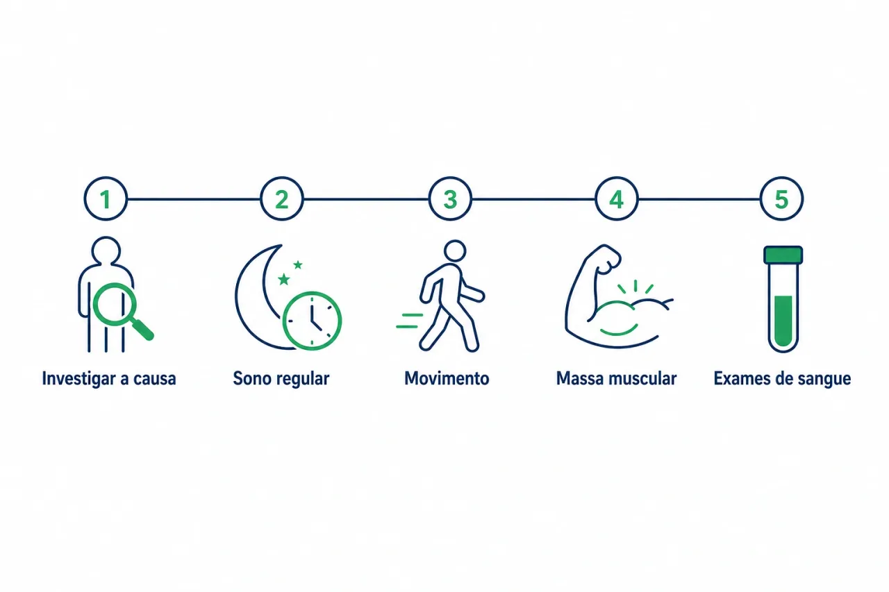 Infográfico mostrando os primeiros passos diante do metabolismo lento: investigar a causa, sono regular, movimento, massa muscular e exames