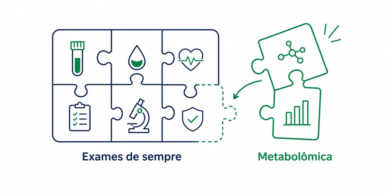 Infográfico mostrando a metabolômica como mais uma camada que soma aos exames convencionais, formando um quadro mais completo para o diagnóstico