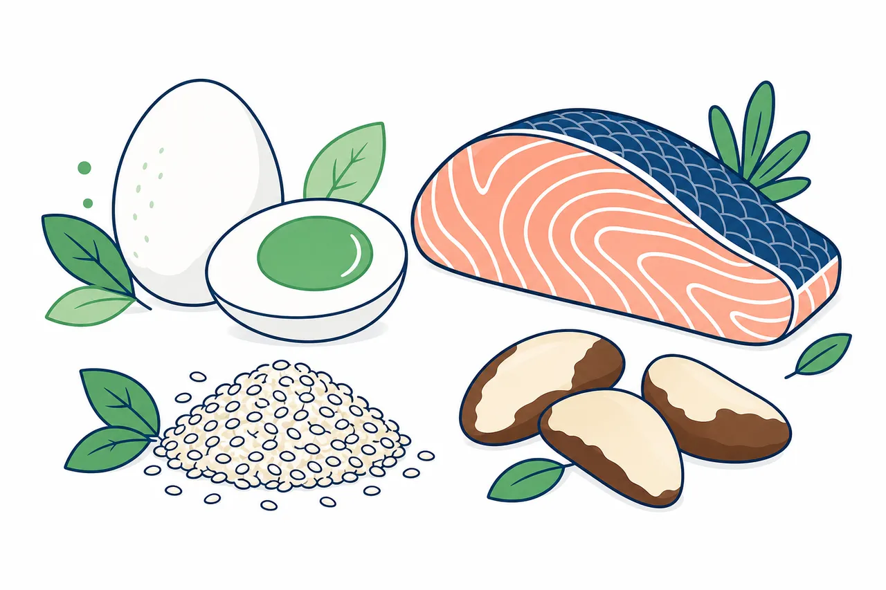 Ilustração de alimentos fonte de metionina, como ovos, peixe e sementes