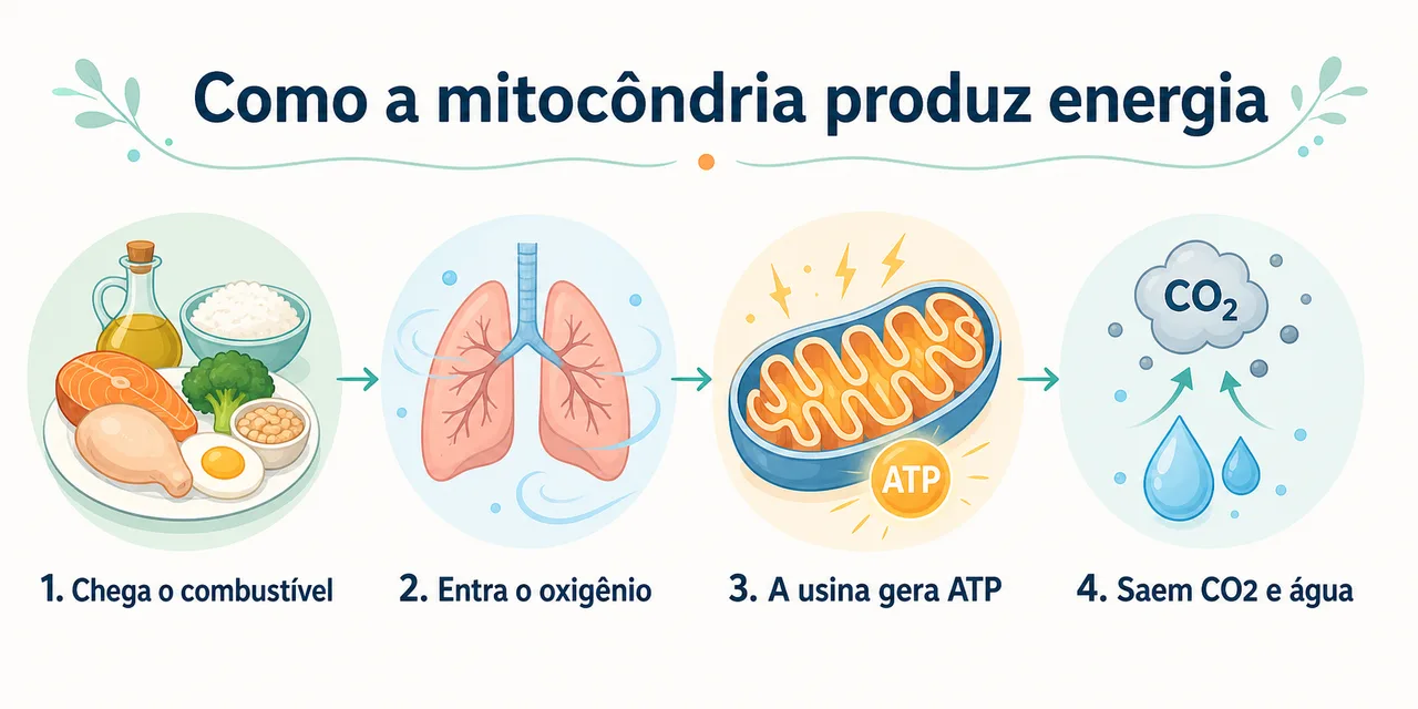 Infográfico explicando em passos simples como a mitocôndria produz energia, da comida e do oxigênio até o ATP