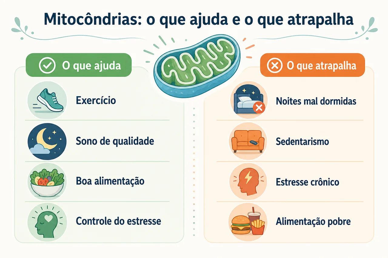 Ilustração comparando o que ajuda e o que atrapalha as mitocôndrias, em estilo flat