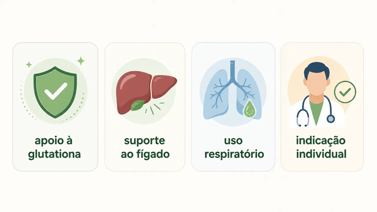 Ilustração resumindo para que serve o NAC e como tomar: apoio à glutationa, suporte ao fígado, uso respiratório e a importância da indicação individual