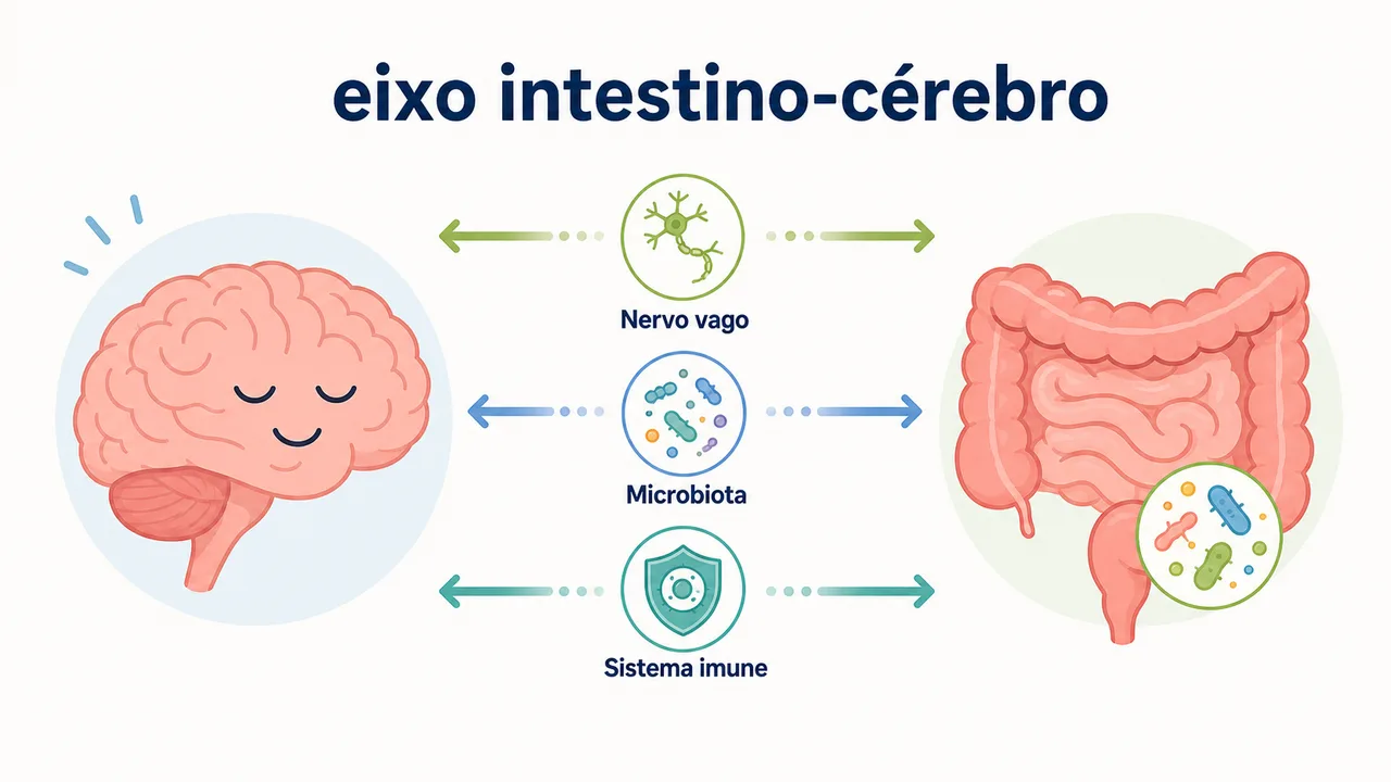 Infográfico do eixo intestino-cérebro mostrando o nervo vago, a microbiota e o sistema imune ligando o intestino ao cérebro