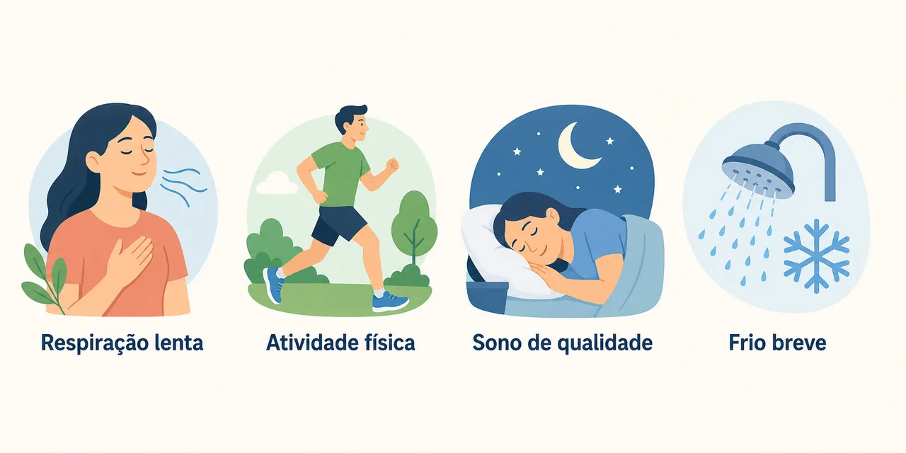 Ilustração de hábitos para estimular o nervo vago: respiração lenta, atividade física, sono de qualidade e exposição breve ao frio