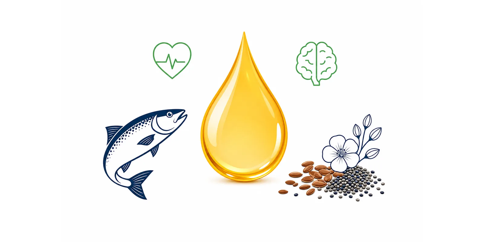 Ilustração de uma gota de óleo de ômega 3 ao lado de um peixe e sementes, com ícones de coração e cérebro