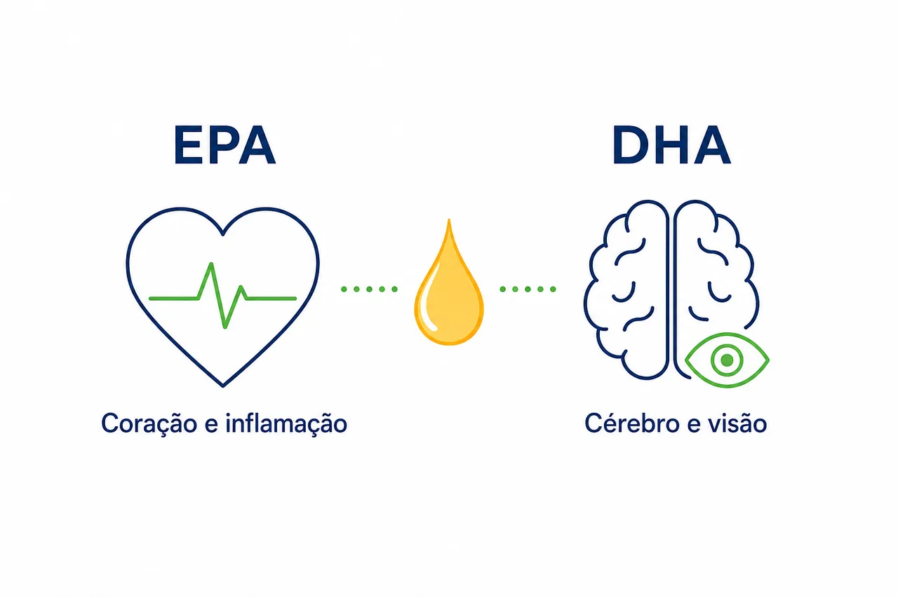 Ilustração comparando EPA, mais ligado ao coração, e DHA, mais ligado ao cérebro, como as duas frações do ômega 3