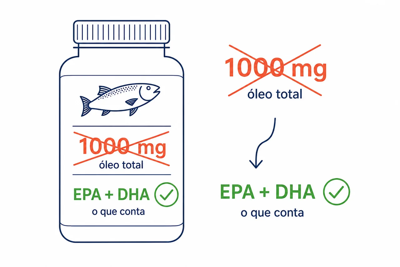 Ilustração de um rótulo de ômega 3 destacando que o número que importa é a soma de EPA e DHA, não o total de óleo da cápsula