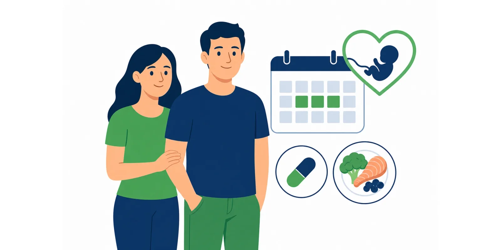 Ilustração de um casal em planejamento gestacional com calendário simbólico de preparo antes da gravidez