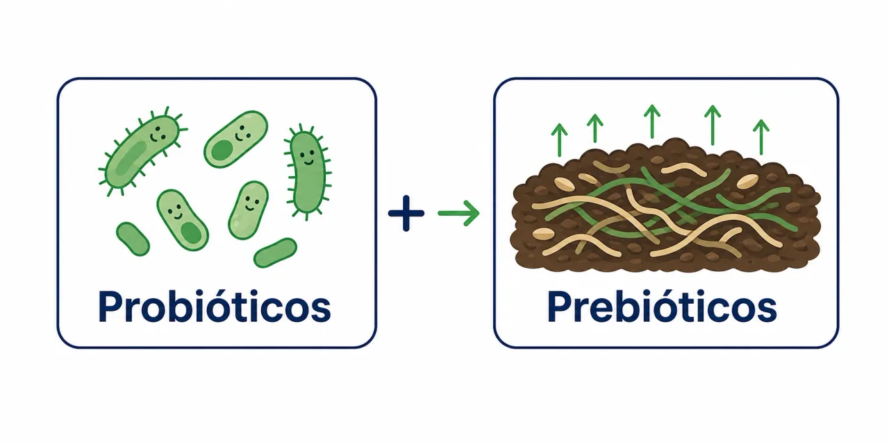 Infográfico leve comparando probióticos, as bactérias boas, e prebióticos, as fibras que alimentam essas bactérias, com a ideia de semente e adubo
