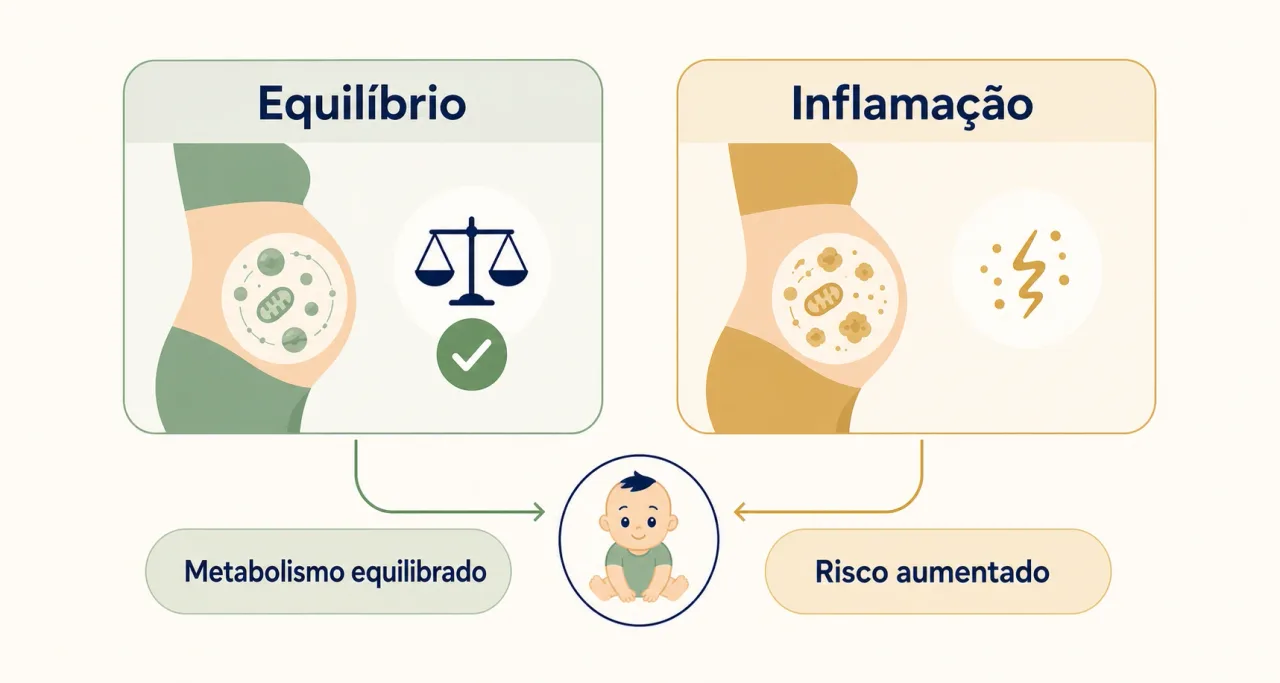 Comparação simples entre um ambiente gestacional equilibrado e um ambiente inflamado e seus efeitos no metabolismo do bebê