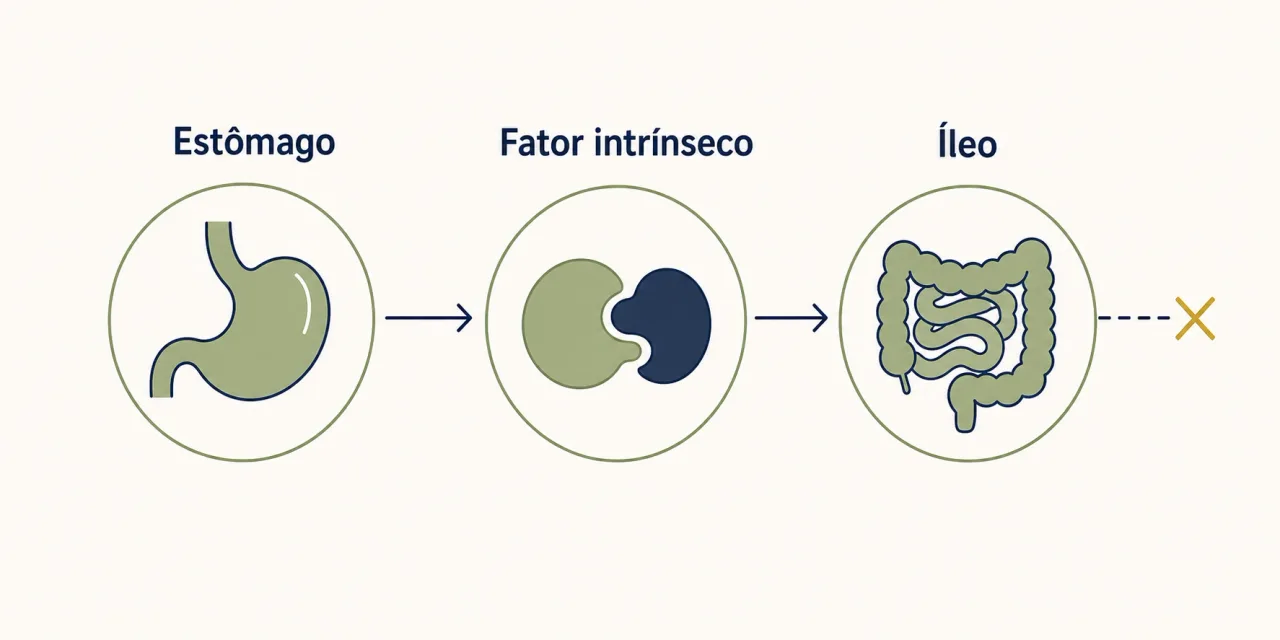 Infográfico do caminho da vitamina B12 no corpo: estômago, fator intrínseco e íleo, mostrando onde a absorção pode falhar