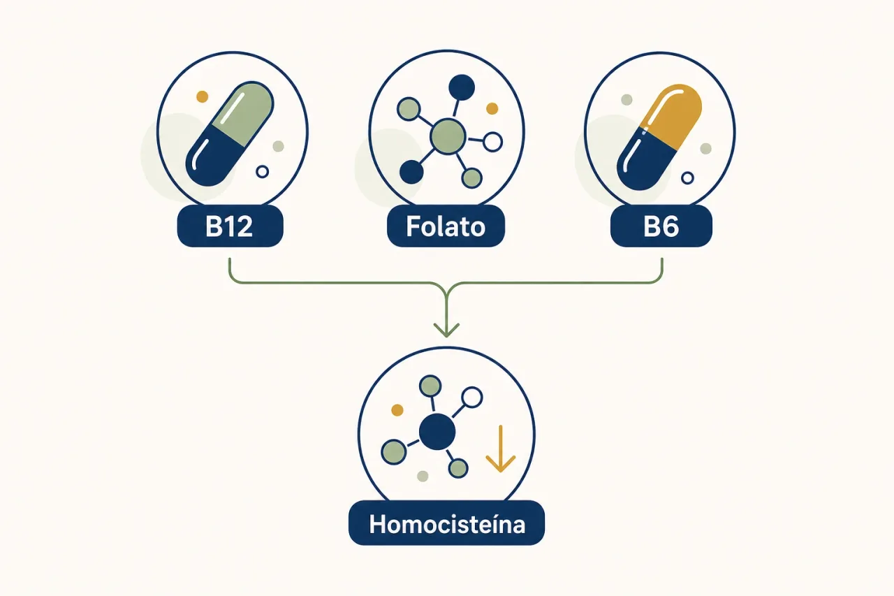 Infográfico da metilação simples: B12, folato e B6 trabalhando juntos para baixar a homocisteína