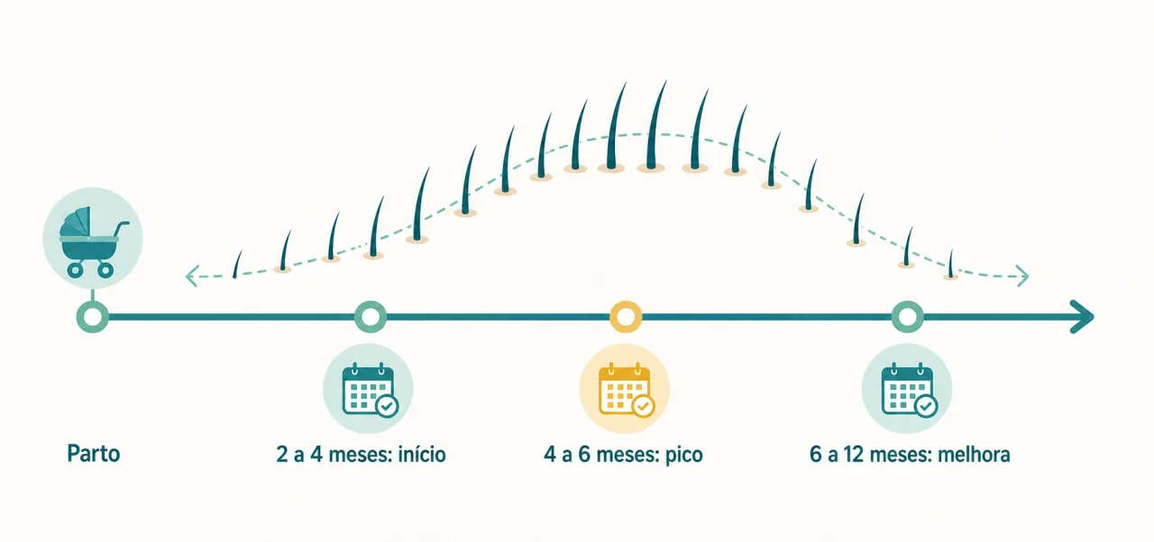 Linha do tempo da queda de cabelo no pós-parto, do parto até cerca de doze meses, mostrando início, pico e recuperação