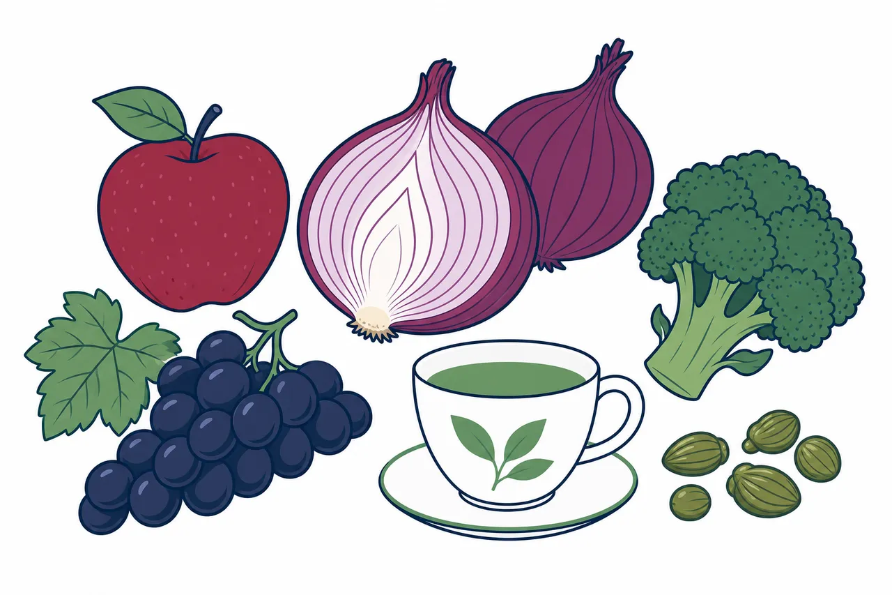 Ilustração de alimentos ricos em quercetina, como cebola roxa, maçã, uva e brócolis