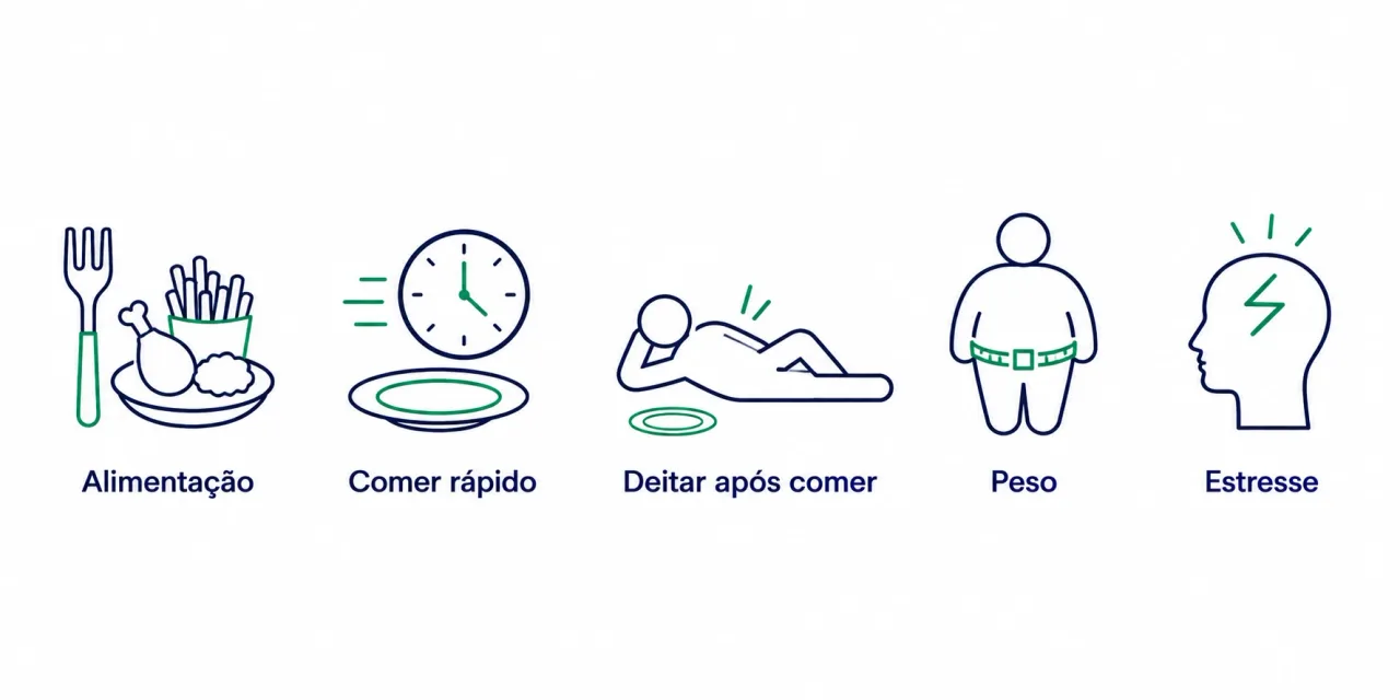 Infográfico com as principais causas e gatilhos do refluxo: alimentação, peso, comer rápido, deitar após comer e estresse