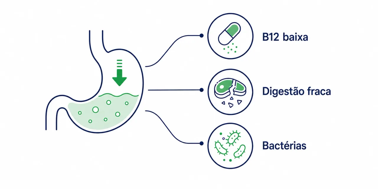 Infográfico mostrando como o ácido baixo no estômago se reflete no metabolismo: B12 baixa, digestão fraca e bactérias em desequilíbrio