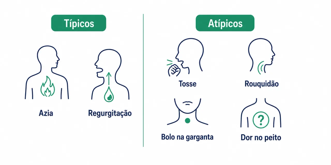 Infográfico que separa sintomas do refluxo em dois grupos, típicos e atípicos, mostrando azia e regurgitação de um lado e tosse, rouquidão, pigarro e bolo na garganta do outro