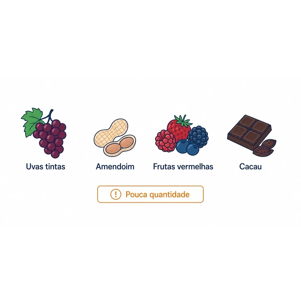 Infográfico com as fontes naturais de resveratrol: uvas tintas, amendoim, frutas vermelhas e cacau, com aviso de que as quantidades são pequenas