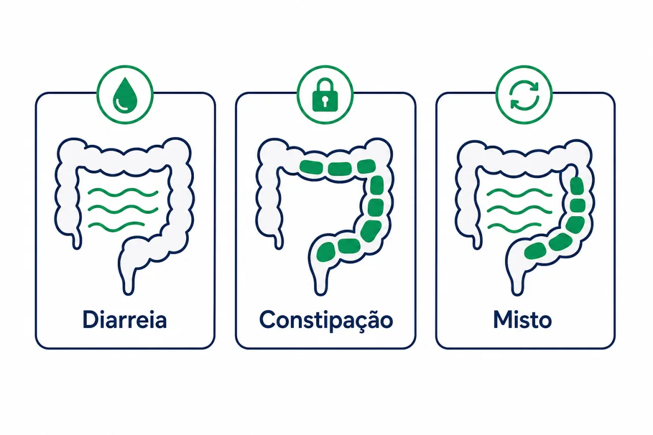 Infográfico com os três subtipos da síndrome do intestino irritável: SII com diarreia, SII com constipação e SII mista