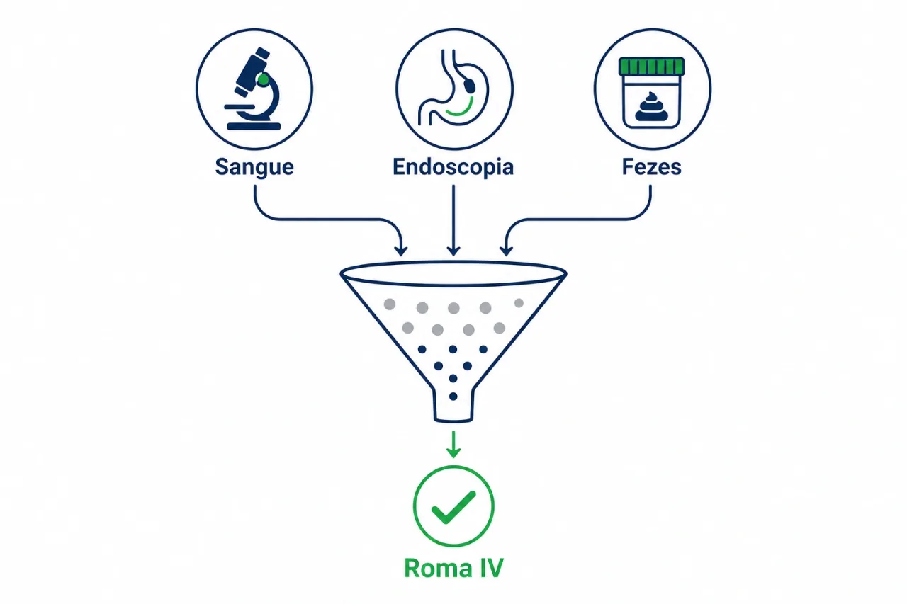 Infográfico explicando que os exames na síndrome do intestino irritável são de exclusão, usados para afastar outras causas, enquanto o diagnóstico segue os critérios de Roma IV