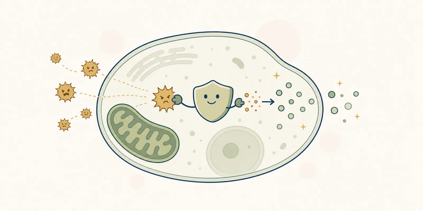 Ilustração da enzima superóxido dismutase neutralizando um radical livre dentro da célula