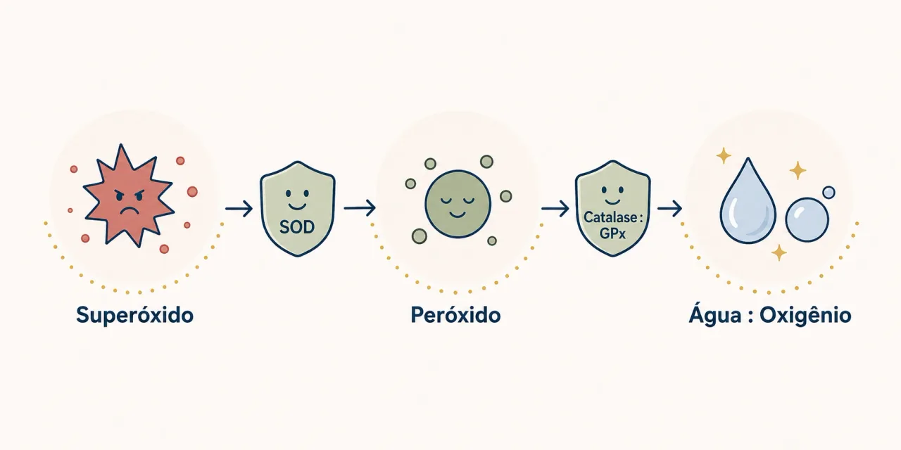Sequência da defesa antioxidante: radical superóxido vira peróxido de hidrogênio pela SOD e depois água e oxigênio pela catalase e glutationa peroxidase