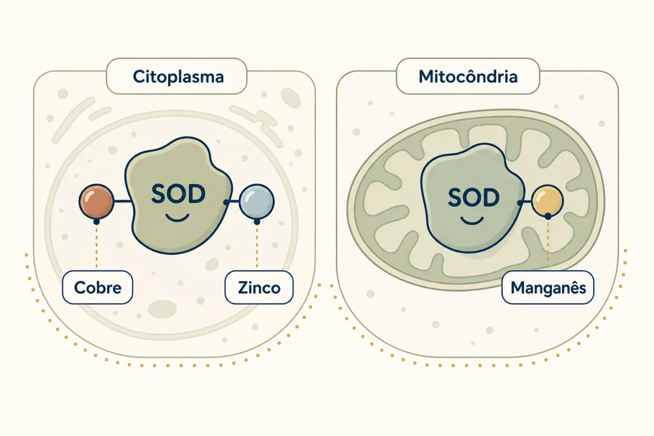Duas versões da superóxido dismutase: cobre e zinco no citoplasma, manganês na mitocôndria