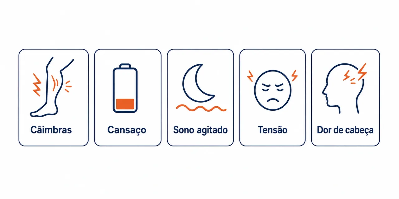 Infográfico leve listando sinais de carência de magnésio: câimbras, cansaço, sono agitado, mais tensão e dor de cabeça