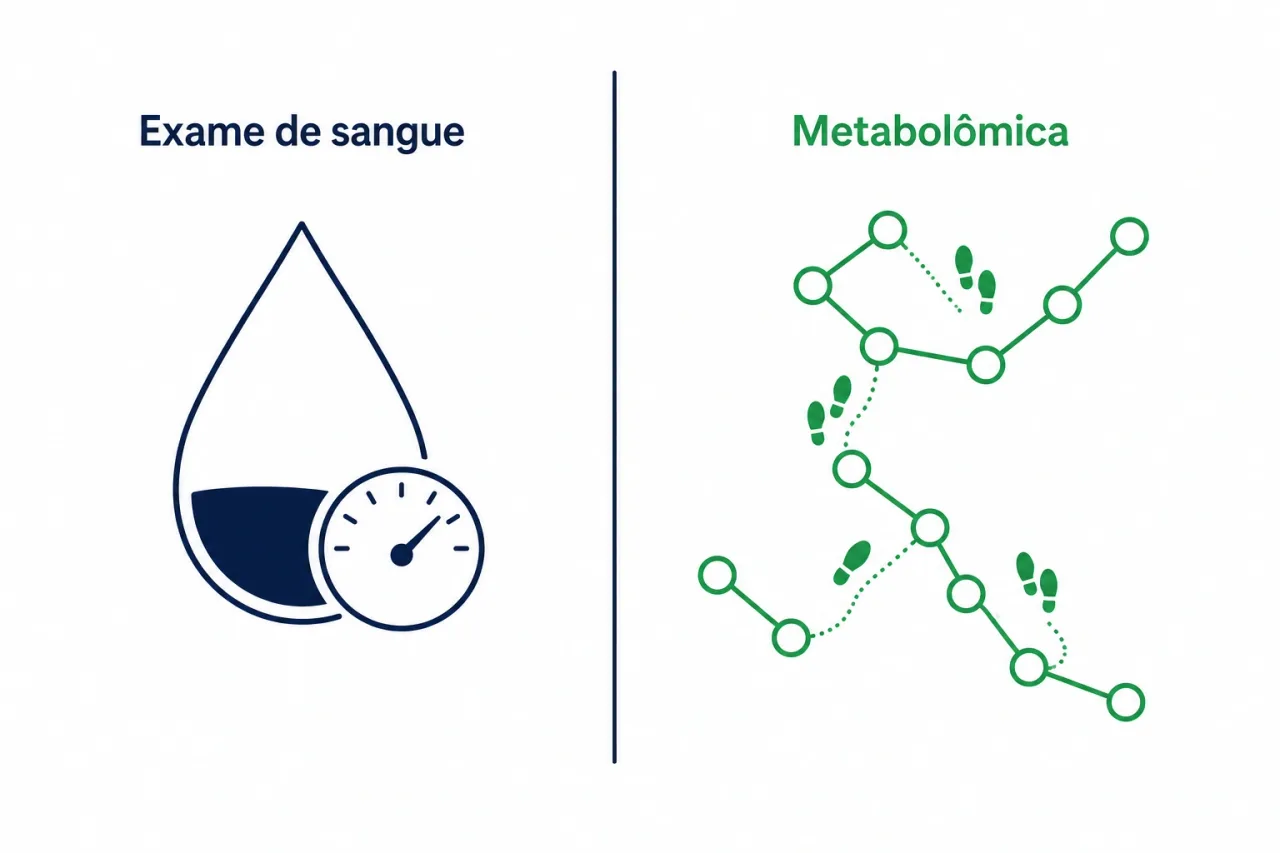 Infográfico comparando o exame de sangue comum, que mostra o nível do nutriente, com a metabolômica, que mostra como o corpo usa esse nutriente
